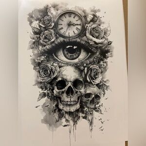 Skull with Eye, Clock & Roses Realistic Temporary Fake Arm Tattoo 6” x 9” New